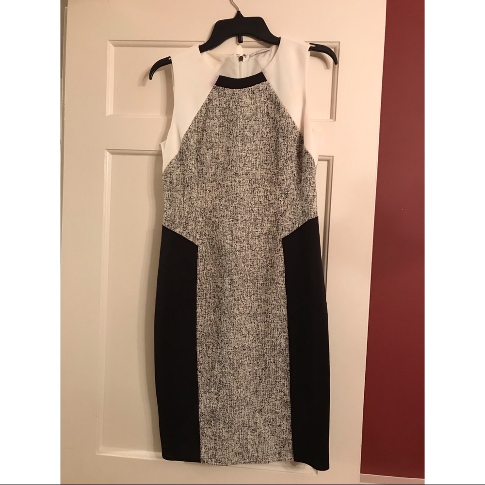 Tahari Black White Gray Midi Dress